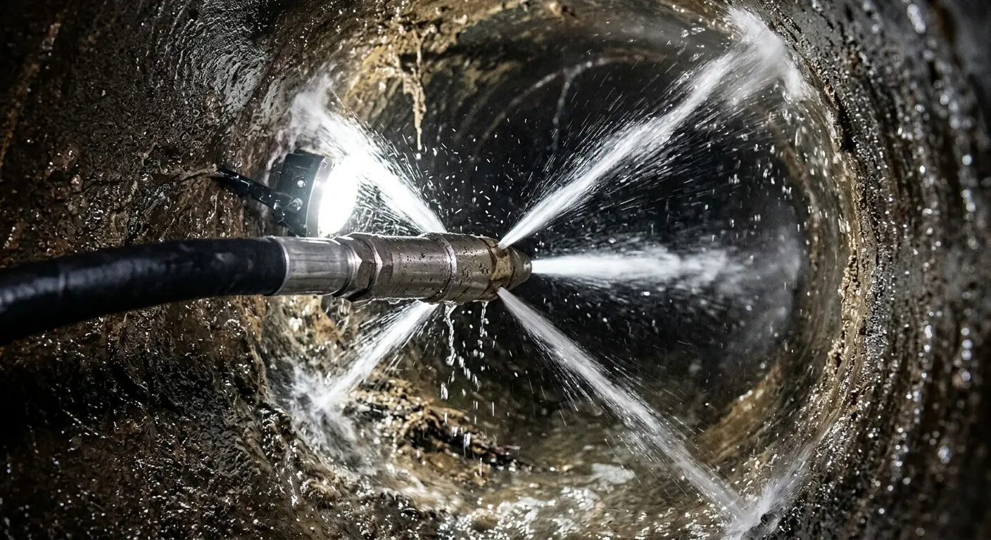 High-pressure hydro jetting nozzle cleaning sewer pipe for Trenchless Sewer Repair in Ellettsville